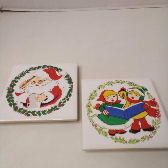Vintage Jasco 1981 Ceramic Tile Trivet Coaster Christmas Santa Carolers Lot of 2 - Picture 2 of 11